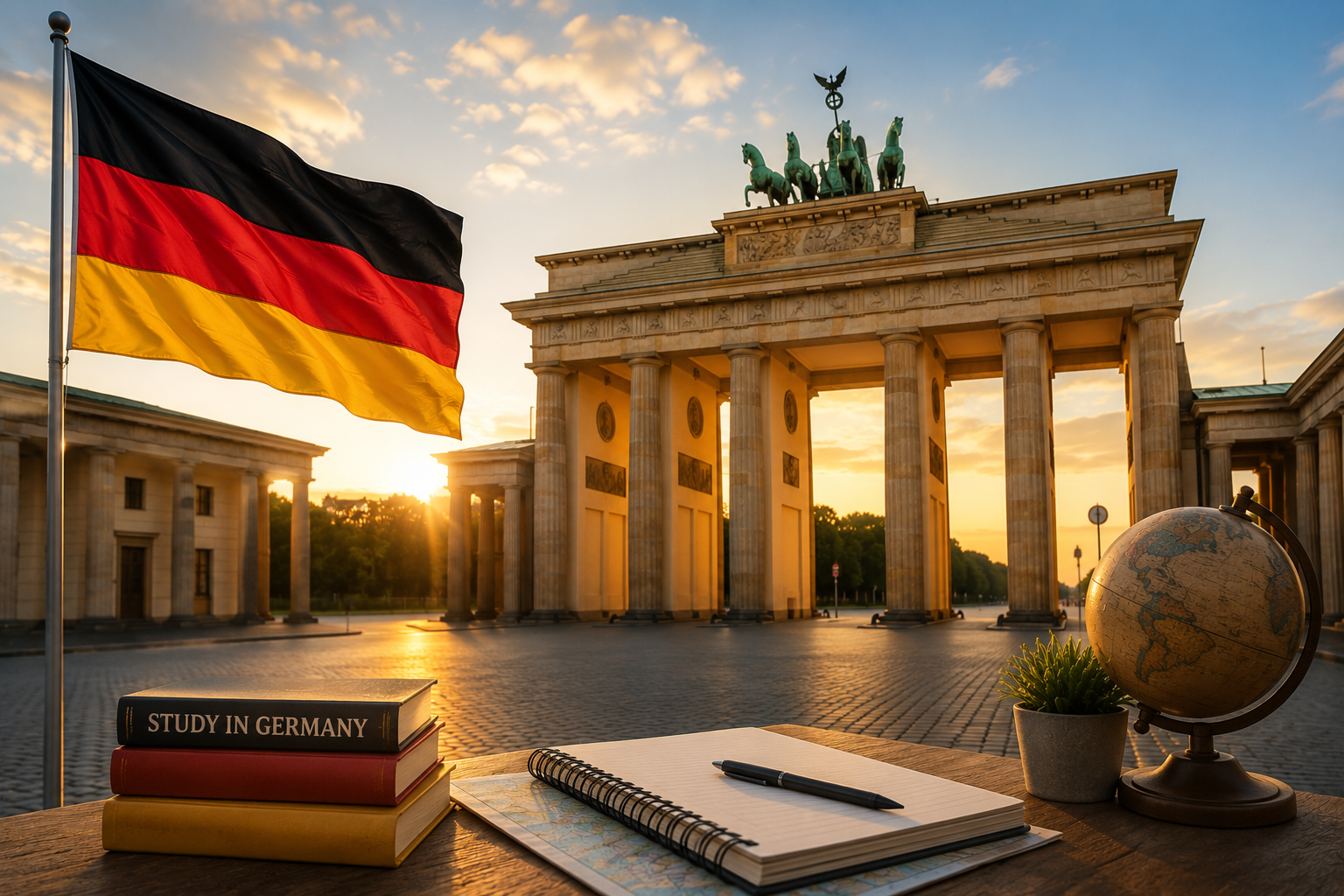 Study in Germany – Brandenburg Gate with German flag