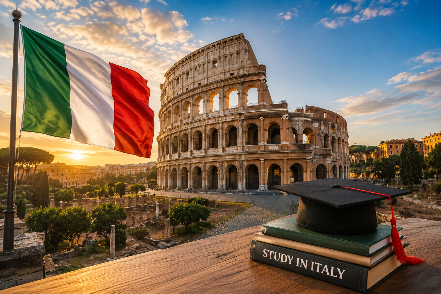 Study in Italy – Colosseum with Italian flag