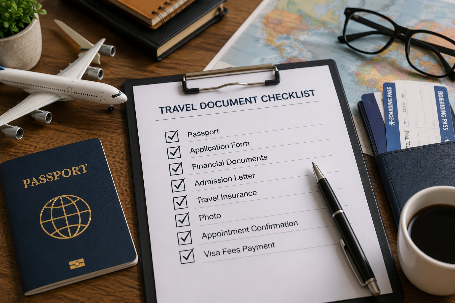 Travel document checklist with passport and boarding pass